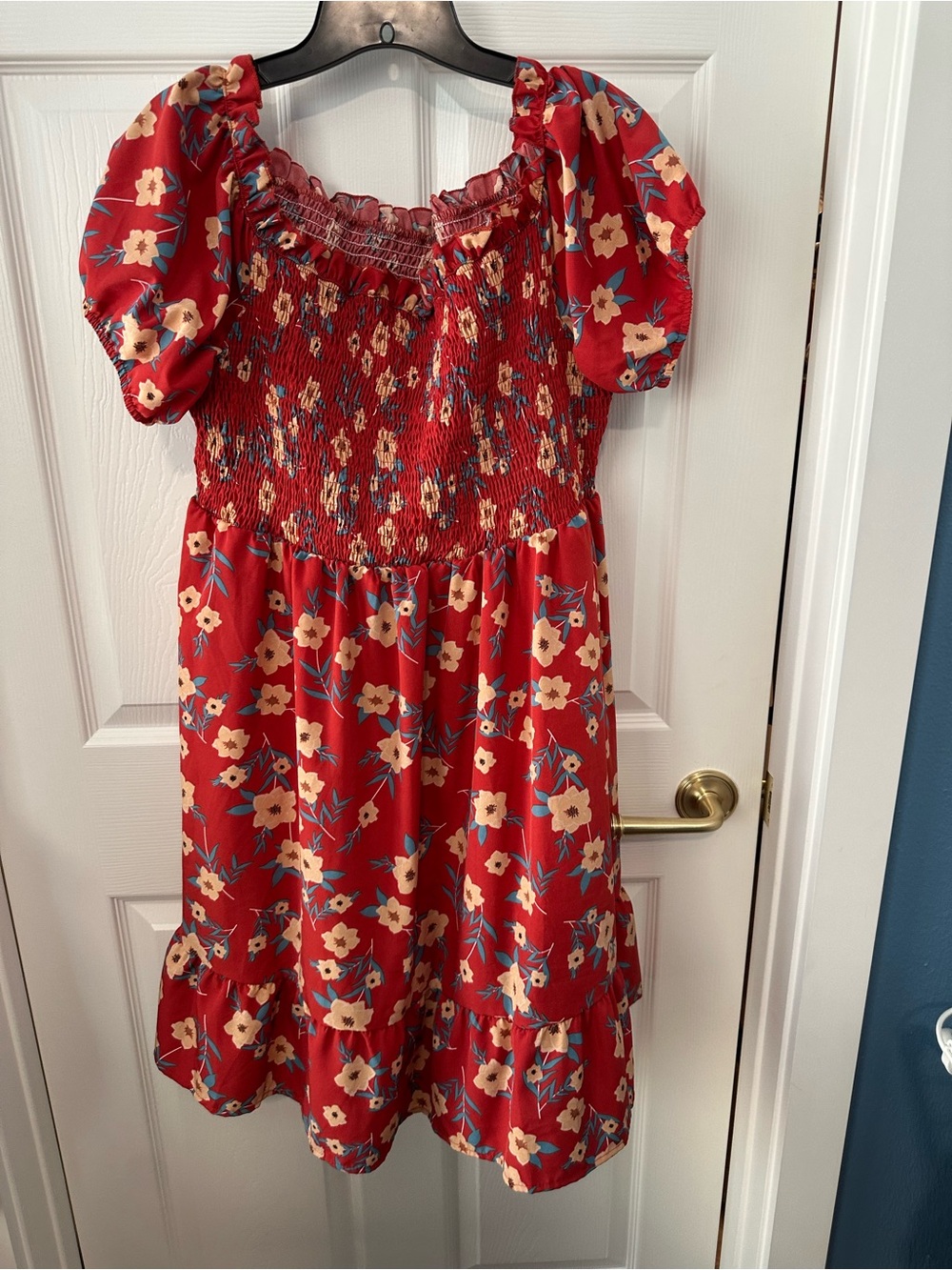 Red Floral Smocked Puff-Sleeve Dress